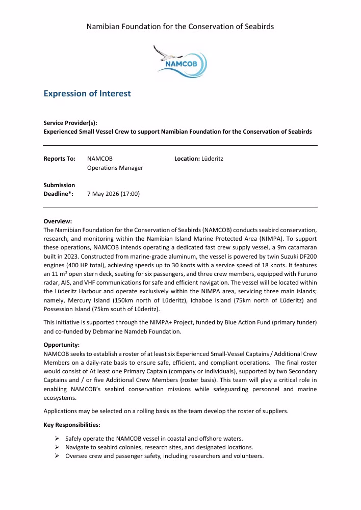 First-page preview of Experienced Small Vessel Crew — Expression of Interest